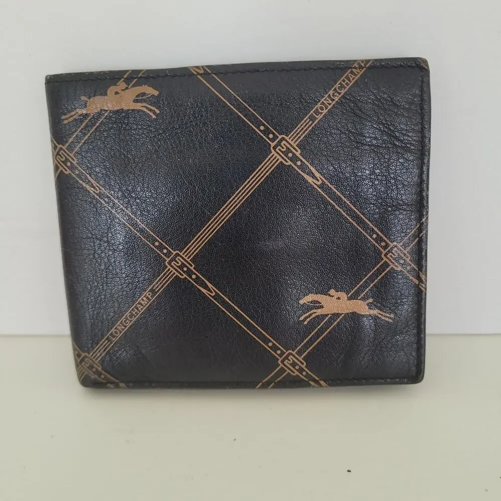 Longchamp Mens Wallet Brown‎ Bifold Leather Folding Medium Logo Vintage Designer